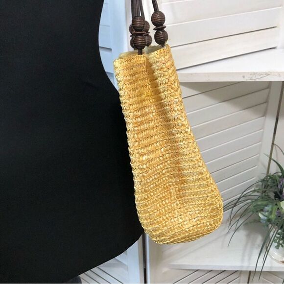 Vintage Yellow Straw Woven Shoulder Bag Wooden Beads - Picture 3 of 8
